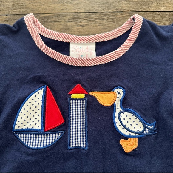 Stitchy Fish Girls 7 Navy Blue Lookout Lady Appliqué Dress Sailboat Lighthouse - Picture 6 of 8